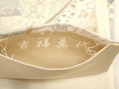 平和屋着物◎六通柄袋帯 扇面花文 吉祥萬代 金銀糸 正絹 逸品 AABG6330wj