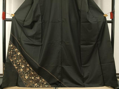 平和屋着物●訪問着　本場大島紬　染大島　総刺繍　花唐草文　黒地　正絹　逸品　AABG4725fy