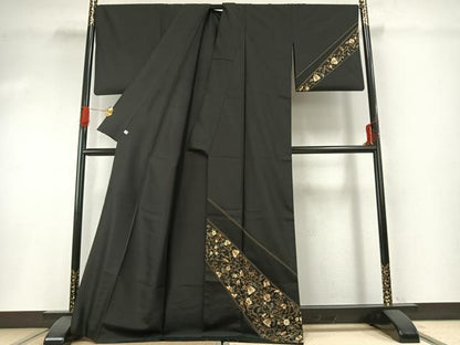 平和屋着物●訪問着　本場大島紬　染大島　総刺繍　花唐草文　黒地　正絹　逸品　AABG4725fy