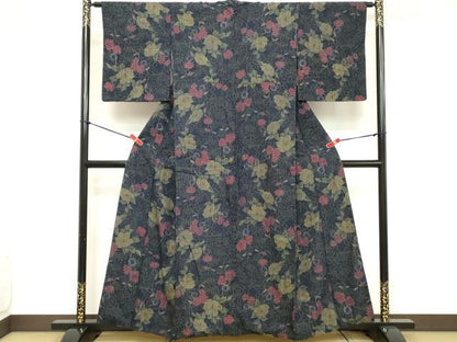 平和屋着物■上質な紬　草花文　正絹　逸品　DABD2740cd