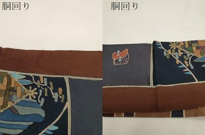 平和屋着物●全通柄九寸名古屋帯　風景文　金彩　鬼しぼ縮緬　正絹　逸品　CABE3731dy