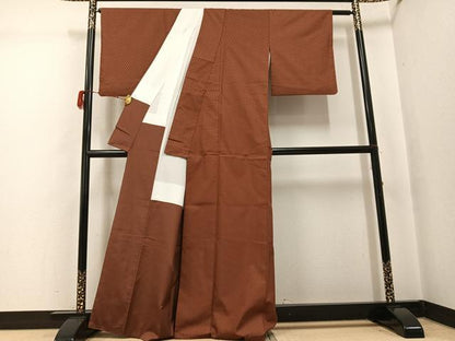 平和屋着物●山下八百子　本場黄八丈　紬　市松綾織　団十郎茶色　正絹　逸品　AABH0438ph