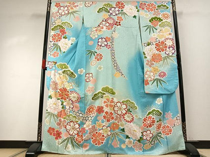 平和屋着物●豪華振袖　駒刺繍　松竹梅　暈し染め　金彩　正絹　逸品　AABH0486fy