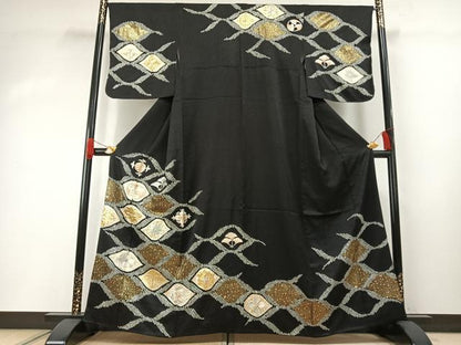 平和屋着物●訪問着　駒刺繍　絞り　草花文　黒地　金糸　金彩　正絹　逸品　AABH0513fy