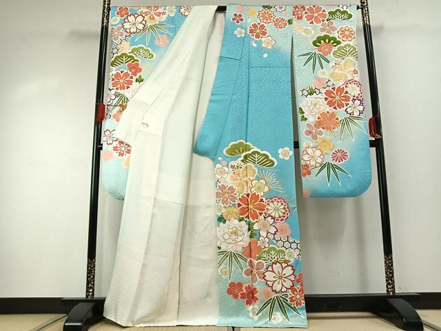 平和屋着物●豪華振袖　駒刺繍　松竹梅　暈し染め　金彩　正絹　逸品　AABH0486fy