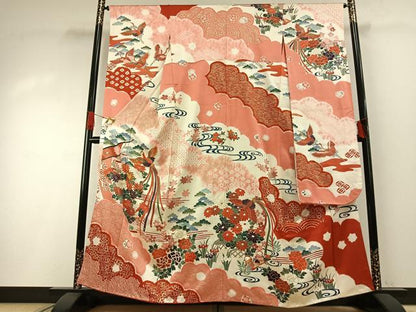 平和屋着物●豪華振袖　駒刺繍　花鳥文　金彩　正絹　逸品　AABH0489fy