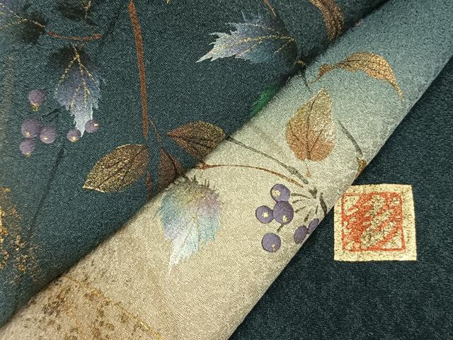 平和屋着物●和紙染染色作家・植村彩弘　訪問着　手描き　葡萄枝葉文　暈し染め　金彩　やまと誂製　正絹　逸品　AABH0523fy