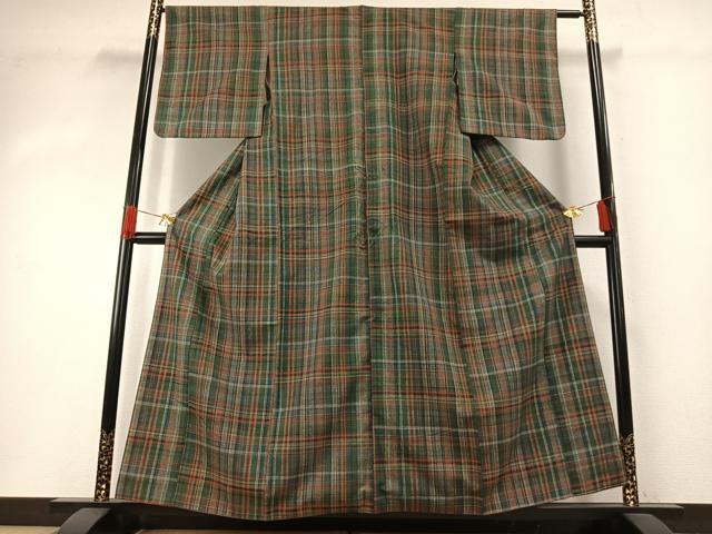 平和屋着物●郡上紬　草木染　格子　正絹　逸品　AABH0496fy