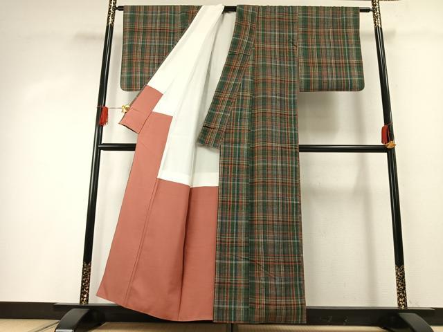 平和屋着物●郡上紬　草木染　格子　正絹　逸品　AABH0496fy