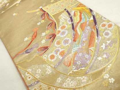 平和屋着物◎両面　六通柄袋帯　唐織　女人花文　金銀糸　正絹　逸品　DABD2768cd