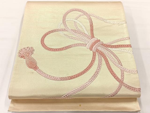 平和屋着物◎太鼓柄袋帯　総刺繍　結び紐文　金糸　正絹　逸品　AABH2331uk