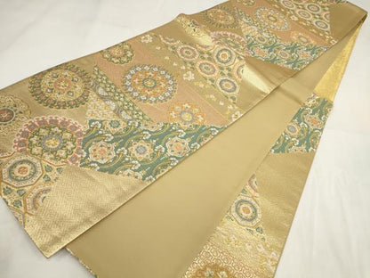 平和屋着物▼六通柄袋帯　切嵌吉祥花文　金糸　正絹　逸品　AABH1101wj