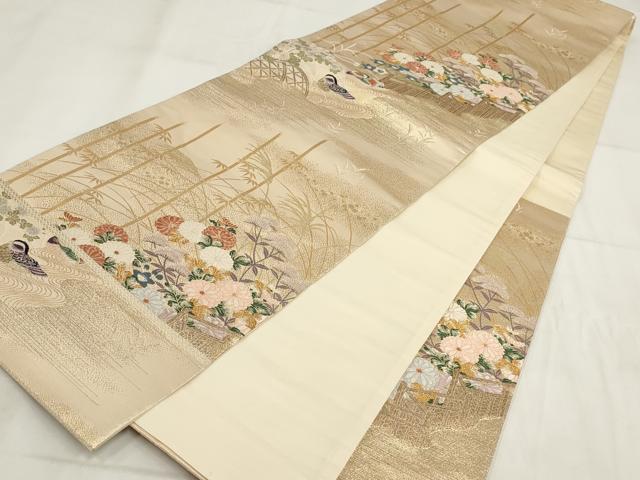平和屋着物◎六通柄袋帯　鴛鴦流水花文　金糸　正絹　逸品　AABH1142wj