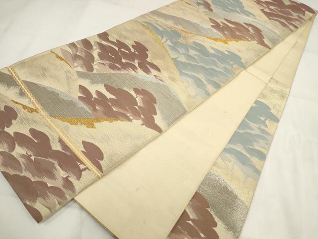 平和屋着物◎西陣　六通柄　本袋帯　遠山樹林文　金銀糸　正絹　逸品　AABH1139wj