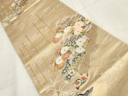 平和屋着物◎六通柄袋帯　鴛鴦流水花文　金糸　正絹　逸品　AABH1142wj