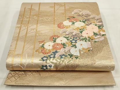 平和屋着物◎六通柄袋帯　鴛鴦流水花文　金糸　正絹　逸品　AABH1142wj
