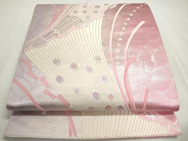 平和屋着物◎六通柄袋帯　孔雀羽草花文　銀糸　正絹　逸品　DABC2841ud