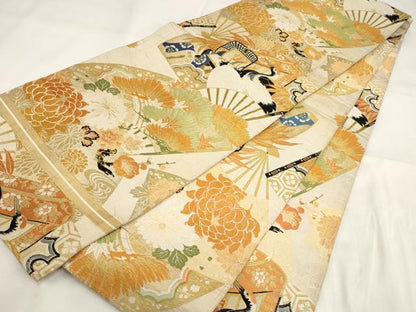 平和屋着物◎アンティーク　大正ロマン　丸帯　松竹梅　鶴　扇面花文　金糸　正絹　逸品　AABH1161wj