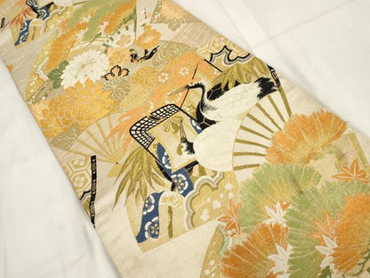 平和屋着物◎アンティーク　大正ロマン　丸帯　松竹梅　鶴　扇面花文　金糸　正絹　逸品　AABH1161wj