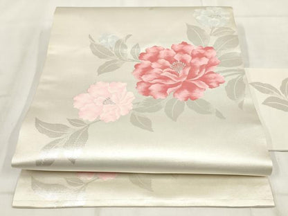平和屋着物◎九寸名古屋帯 草花文 銀糸 正絹 逸品 AABH1211wj