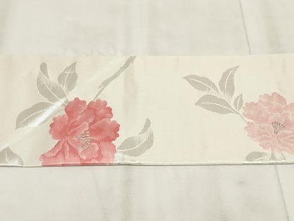 平和屋着物◎九寸名古屋帯 草花文 銀糸 正絹 逸品 AABH1211wj