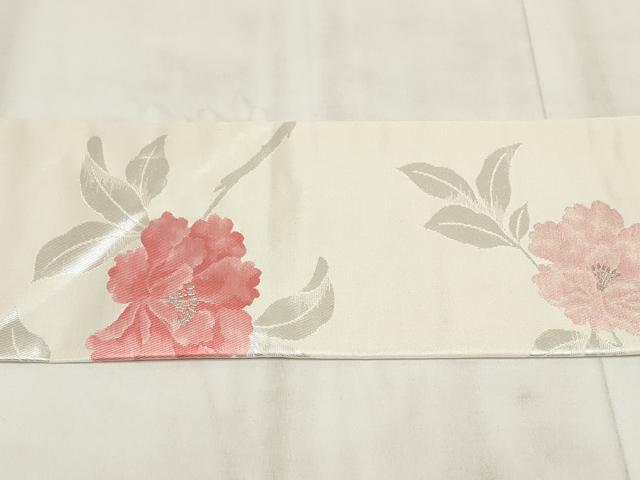 平和屋着物◎九寸名古屋帯 草花文 銀糸 正絹 逸品 AABH1211wj