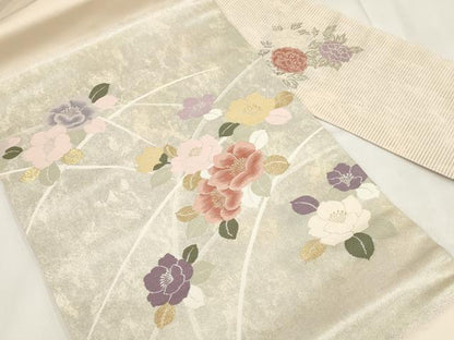 平和屋着物◎九寸名古屋帯　草花文　金銀糸　正絹　逸品　AABH1194wj