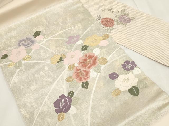 平和屋着物◎九寸名古屋帯　草花文　金銀糸　正絹　逸品　AABH1194wj