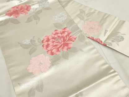 平和屋着物◎九寸名古屋帯 草花文 銀糸 正絹 逸品 AABH1211wj