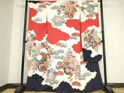 平和屋着物●豪華振袖　絞り　型染め　雲取り花車文　正絹　逸品　DABC3640az