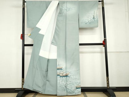 平和屋着物●本加賀友禅作家　石田巳代治　白山紬　舫い舟　証紙付き　正絹　逸品　AABG9905cs