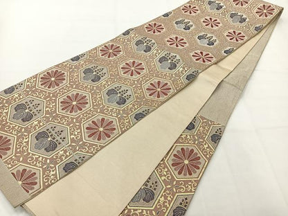 平和屋着物◎六通柄袋帯 亀甲花文 金糸 正絹 逸品 AABH2374uk