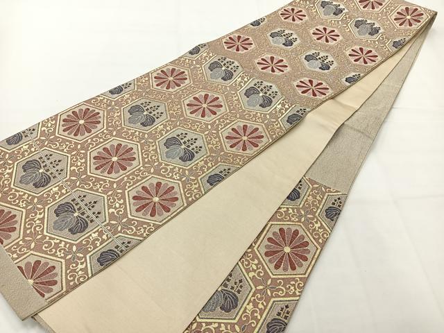 平和屋着物◎六通柄袋帯 亀甲花文 金糸 正絹 逸品 AABH2374uk