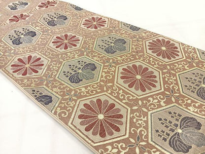 平和屋着物◎六通柄袋帯 亀甲花文 金糸 正絹 逸品 AABH2374uk