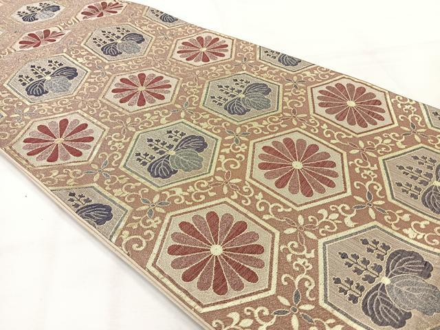 平和屋着物◎六通柄袋帯 亀甲花文 金糸 正絹 逸品 AABH2374uk