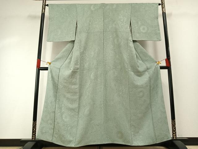 平和屋着物●上質な色無地　源氏車花地紋　青磁鼠色　正絹　逸品　AABH0542fy