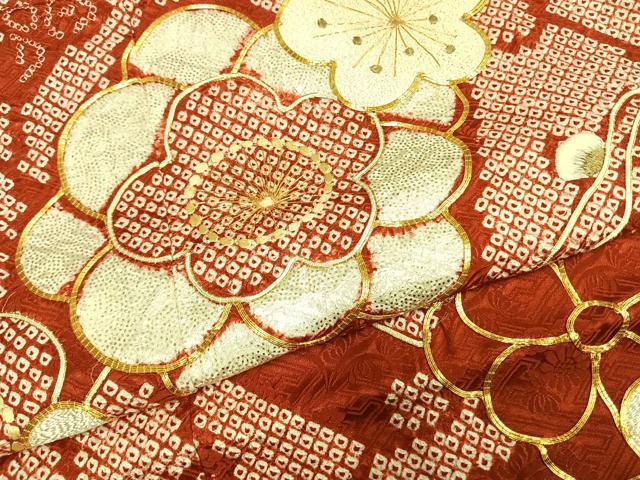 平和屋着物●豪華振袖　駒刺繍　絞り　舞花文　正絹　逸品　AABH0559fy