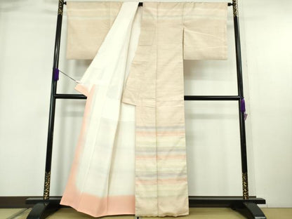 平和屋本店●希少　人間国宝　志村ふくみ　紬　訪問着　コーラル横段　小大丸扱い　たとう紙付き　逸品　DZAB2242kh6