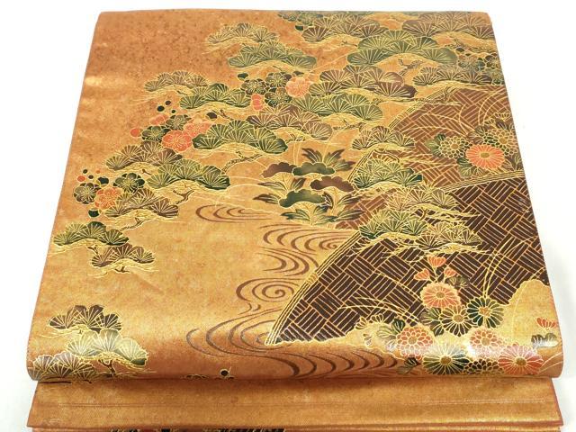 平和屋着物◎太鼓柄袋帯　流水枝花松文　金彩　引箔　正絹　逸品　DABD4246qa