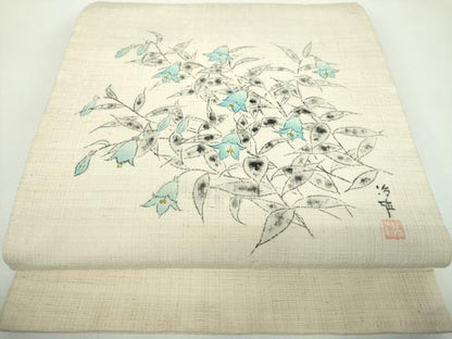 平和屋着物●九寸開き名古屋帯　作家物　手描き　紬地　草花文　正絹　逸品　DABD1467ps