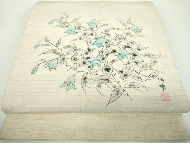 平和屋着物●九寸開き名古屋帯　作家物　手描き　紬地　草花文　正絹　逸品　DABD1467ps