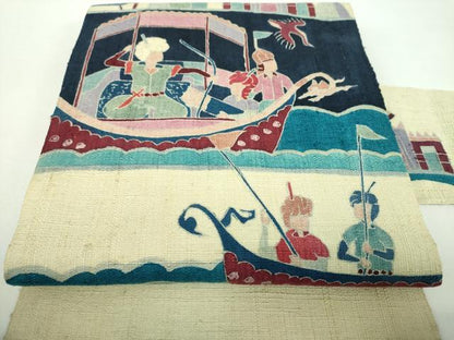 平和屋着物●八寸名古屋帯　紬地　型染　狩猟文　正絹　逸品　DABD1489ps