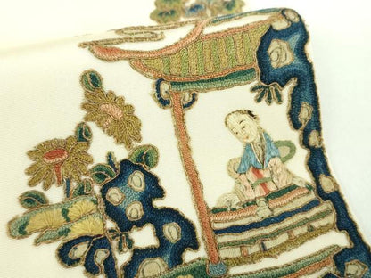 平和屋着物●中国三大刺繍　相良刺繍　塩瀬　九寸名古屋帯　駒刺繍　総刺繍　異国人物風景花文　金糸　正絹　逸品　DABD1484ps