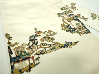 平和屋着物●中国三大刺繍　相良刺繍　塩瀬　九寸名古屋帯　駒刺繍　総刺繍　異国人物風景花文　金糸　正絹　逸品　DABD1484ps