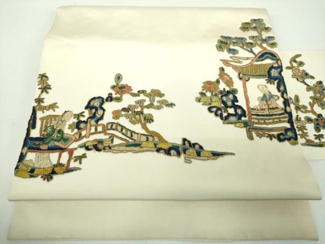 平和屋着物●中国三大刺繍　相良刺繍　塩瀬　九寸名古屋帯　駒刺繍　総刺繍　異国人物風景花文　金糸　正絹　逸品　DABD1484ps