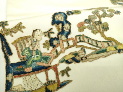 平和屋着物●中国三大刺繍　相良刺繍　塩瀬　九寸名古屋帯　駒刺繍　総刺繍　異国人物風景花文　金糸　正絹　逸品　DABD1484ps