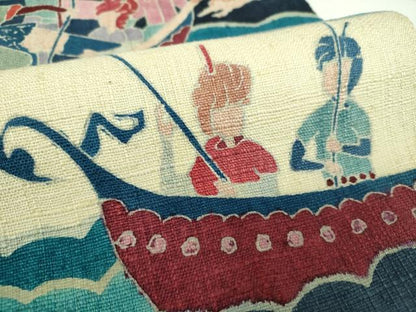平和屋着物●八寸名古屋帯　紬地　型染　狩猟文　正絹　逸品　DABD1489ps