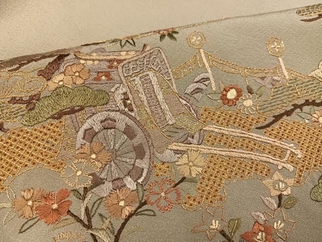 平和屋着物●訪問着　総刺繍　御所車草花文　金糸　ますいわ屋扱い　正絹　逸品　AABH2061ph 平和屋着物○訪問着 総刺繍 御所車草花文 金糸 ますいわ屋扱い