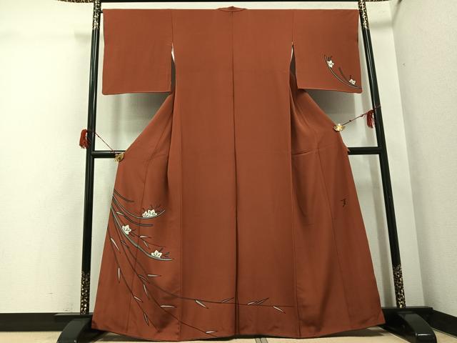 平和屋着物●染色の魔術師　染乃座・大久保玄才　そめのざ玄才　訪問着　草花文　雀茶色　金彩　正絹　逸品　AABH2060ph