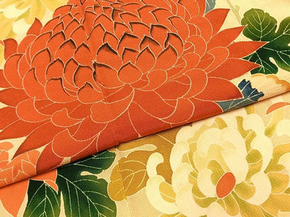 平和屋着物●豪華振袖　友禅　草花文　鬼しぼ縮緬　正絹　逸品　AABH0610fy